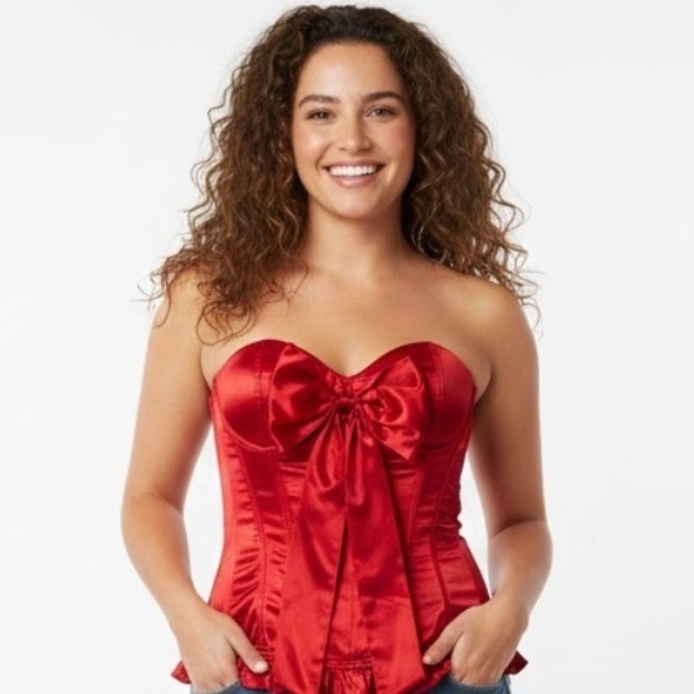Body Central Native Red Satin Corset Bustier Boned‎ Ruffle Trim Women's 34B Sexy